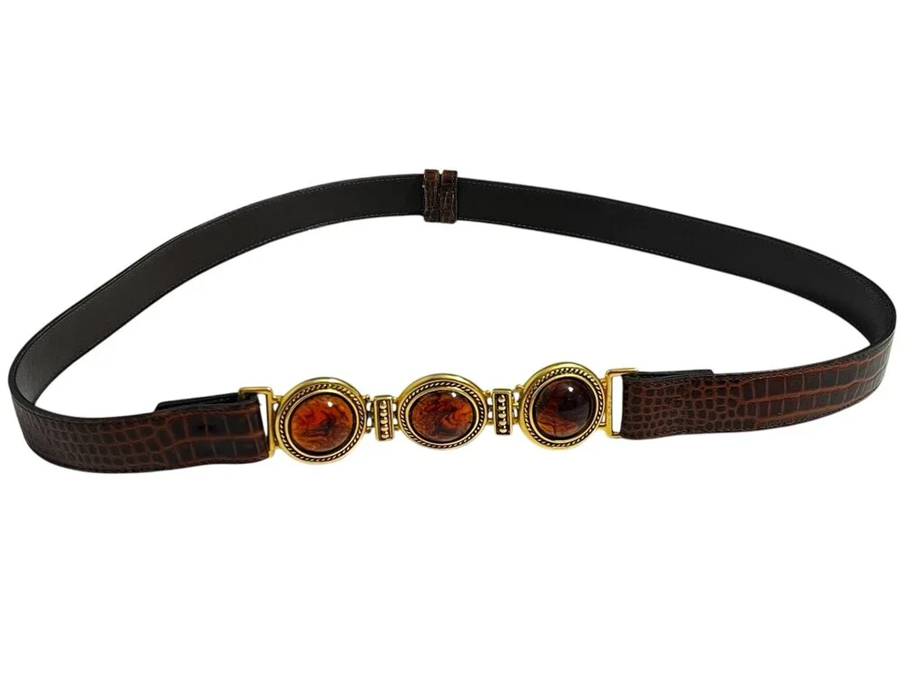 VTG Ben Amun Belt 24K Gold Plated Amber Resin Cabochon Leather Cinch 27